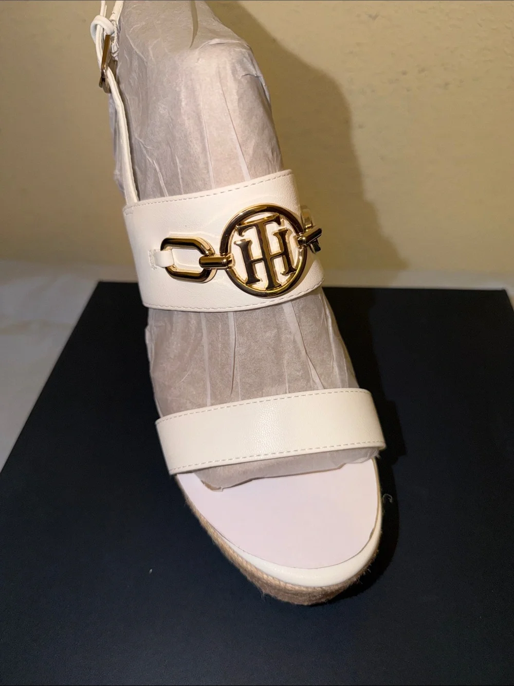 Tommy Hilfiger White Espadrille Platform Sandal with Gold-Tone Logo